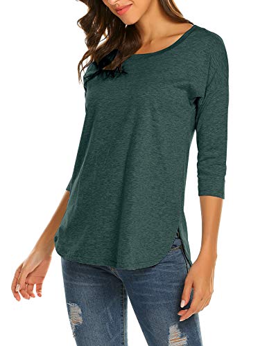 Sherosa Women's Casual 3/4 Sleeve Loose Tunic Tops Scoop Neck T-Shirt (L, Dark Green)
