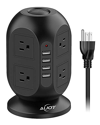 Power Strip Tower with USB Ports, AiJoy Surge Protector with 8 AC Outlets and 4 USB Ports, Fast Charging Station with Extension Cord 10FT, Office Supplies & Dorm Essentials