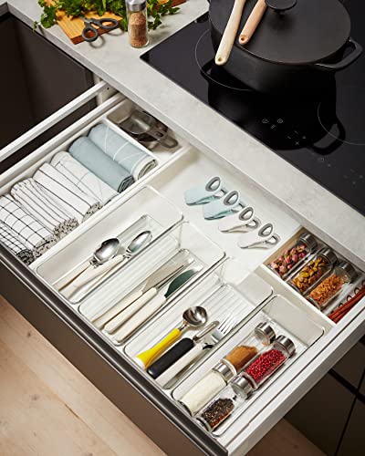 Hudgan 8 Pack Clear Plastic Drawer Organizer Bins Set, Stackable Cutlery Storage Bins Trays for Organizing Kitchen Supplies, Bathroom Supplies, Office Supplies, Crafts, Gadgets, Cabinet Supplies - Image 7