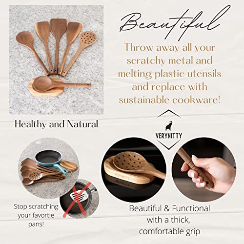 VERY NITTY Very Beautiful Kitchen Utensil Set, 7pc Wooden Cooking Utensils, Spoons and Spatula Set with Spoon Rest. Wood Kitchen Gadgets, Tools and Supplies for Cooking, Baking, Mixing and Salad Bowl - Image 9