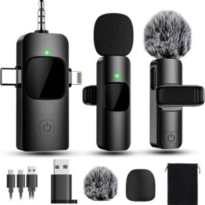 4 in 1 Mini Microphone Wireless Lavalier Microphone for iPhone Android Computer Laptop Camera USB-C,2.4G Ultra-Low Delay,Noise Reduction,Double Lapel Microphone for Youtube TikTok Vlog (Mini Mic)