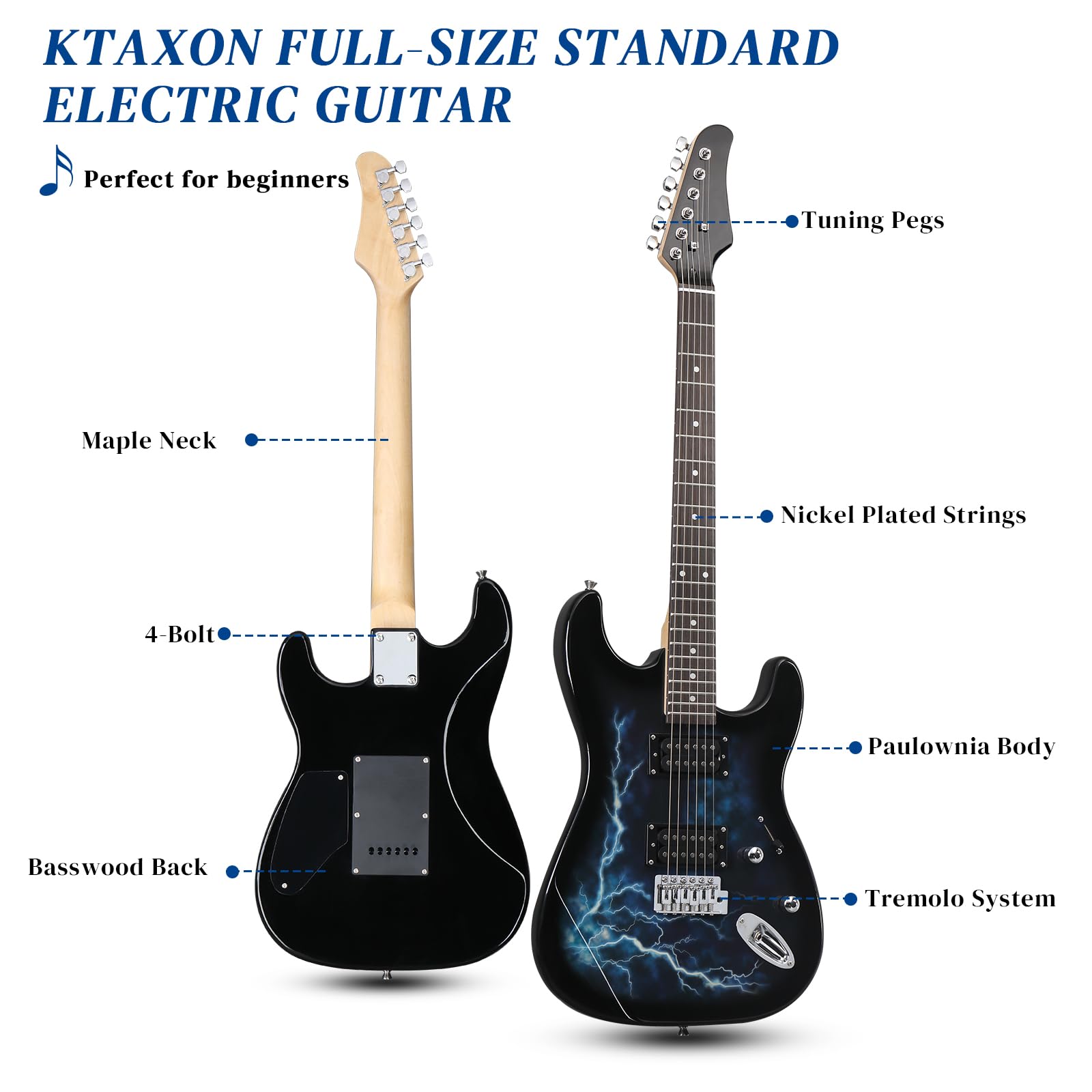 Ktaxon 39 Inch Electric Guitar, Full Size Solid Body H-H Pickups 6 Strings Beginner Guitar Kit With Gig Bag, Strap, Tremolo Arm, Cable & Picks (Black Back) - Image 6
