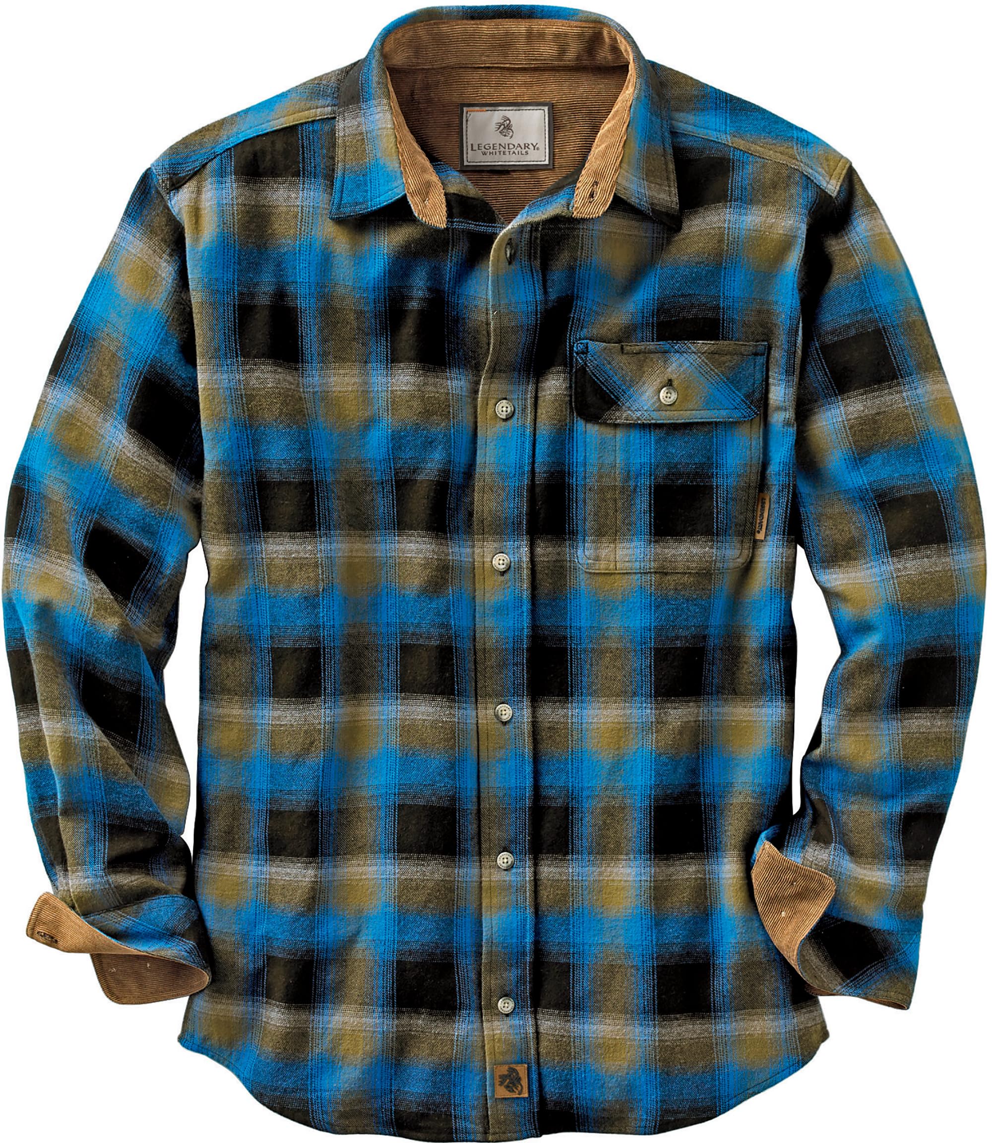 Legendary Whitetails Men's Buck Buck Camp Flannel Shirt, Long Sleeve Plaid Button Down Casual Shirt for Men, with Corduroy Cuffs, Fall & Winter Clothing, Cobalt Plaid, X-Large